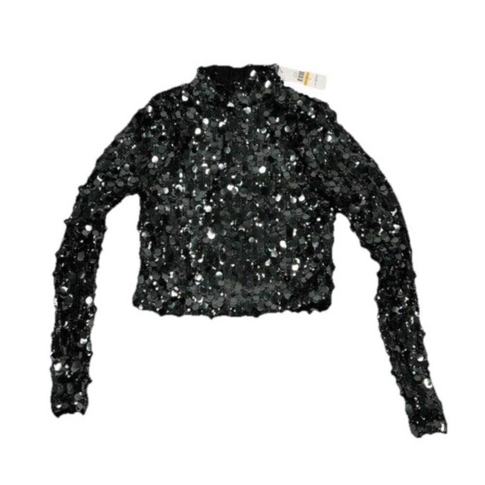 NEW DKNY Gunmetal Green Sequin Top Large Long Sleeve Crop Mock Neck Mesh Lined‎